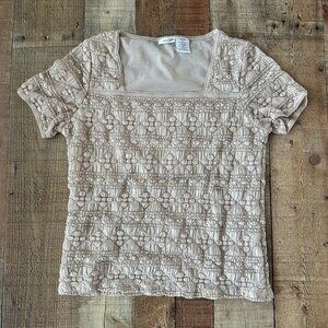 East 5th Womens Lace Short Sleeve Top Beige Large Cottage Core Square Neck Fairy